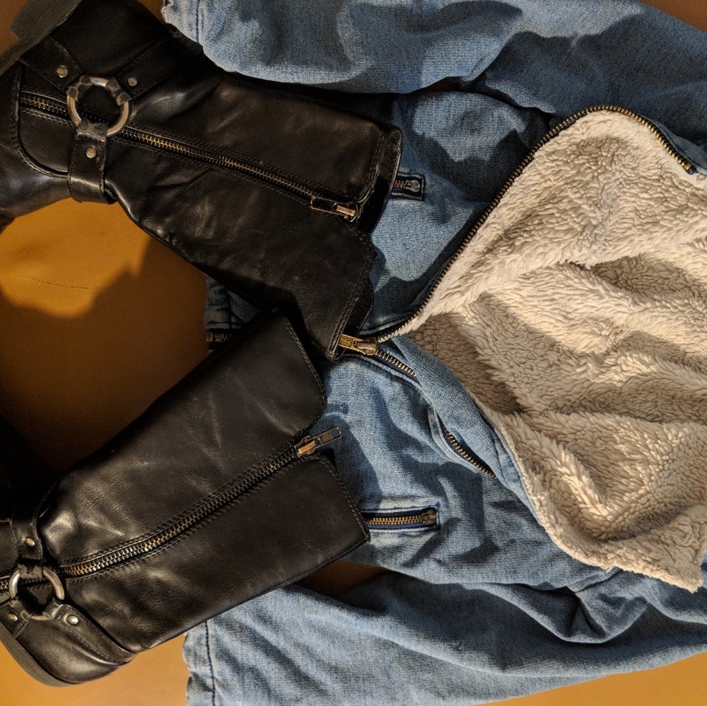 Black boots and blue ceazt 8 sweater